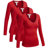 Emmalise Long Sleeve V Neck T Shirt Women-Junior Sizes,3Pk-Red,Red,Red,Small