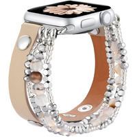 Fastgo Leather Band Compatible With Apple Watch 45Mm 44Mm 42Mm 49Mm Women, Elastic Beaded Bracelet Strap Adjustable For Iwatch Se & Series 9 8 7 6 5 4 3 2 1 (Beige/Starlight,42/44/45/49Mm)