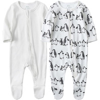 O2 Baby Baby Boys Girls Organic Cotton Zip Front Sleeper Pajamas, Footed Sleep 'N Play(6-12Months, Ivory+Penguin)