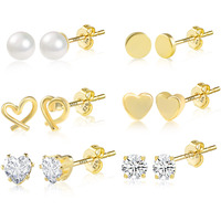 Stud Earring Sets For Multiple Piercing Gold Stud Earrings Set For Women 14K Gold Plated Heart Stud Earrings(6 Styles)