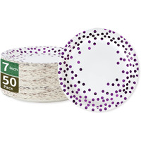 Cenlbj White  Purple Gold Dot Party Paper Plates, 50 Disposable Party Supplies Dessert Paper Plates For Birthday Parties, Bachelorette Parties, Mardi Gras (7 Inches)
