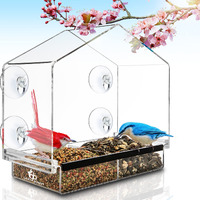 Clear Bird Feeders For Window - Bird House Style Window Bird Feeder - Window Bird Feeders With Strong Suction Cups - Drain Holes, Removable Tray, Large Seed Capacity And Rubber Perch