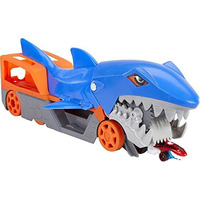 Hot Wheels Shark Chomp Transporter Playset With One 1:64 Scale Car For Kids 4 To 8 Years Old, Shark Bite Hauler Picks Up Cars In Its Jaws  Stores Up To Five In Its Belly, Blue