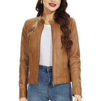Fahsyee Womens Faux Leather Jackets, Zip Up Motorcycle Short Pu Moto Biker Outwear Fitted Slim Coat Size L Camel