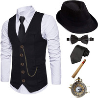 Eforled 1920S Mens Costume Fedora Hat,Gatsby Gangster Vest,Vintage Pocket Watch,Pre Tied Bow Tie,Tie,Cc-L