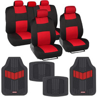 Bdk Two-Tone Polypro Car Seat Covers Full Set With Motor Trend Heavy Duty Rubber Car Floor Mats, Black  Red - Interior Covers For Auto Truck Van Suv