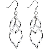 Sterling Silver Earrings Dangle Hoops Elegant Rotating Earring For Womens (Silver)