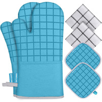 Oven Mitts And Pot Holders With Kitchen Towel Dishcloth Sets, 500 Degree Heat Resistant Kitchen Mitts And Pot Holders, Dish Towels And Dishcloths Sets With Hanging Loop 6Pcs-Turquoise
