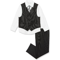 Van Heusen Boys 4-Piece Formal Suit Set, Vest, Pants, Collared Dress Shirt, And Tie, Blackred Stripe, 2T