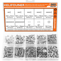 Helifouner 560 Pieces M3 X 4Mm /6Mm /8Mm /10Mm /12Mm /16Mm /20Mm, Countersunk Head Socket Cap Screws Bolts Washers Nuts Kit, 304 Stainless Steel