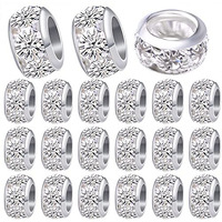 40Pcs 10 Mm Silver European Rhinestone Spacer Beads Brass Large Hole Beads Round Rondelle Loose Charm Beads For Snake Chain Bracelet Necklace Jewelry Making Supplies, Hole: 5.5 Mm