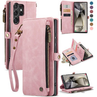 Defencase Compatible With Samsung Galaxy S23 Ultra Case Wallet With Rfid Blocking Card Holder For Women Men, Pu Leather Magnetic Snap Flip Zipper Strap Phone Case Fit For Galaxy S23 Ultra 5G, Pink