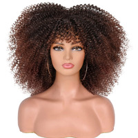 Annisoul 14Inch Short Curly Afro Wigs For Black Women Bomb Afro Kinky Curly Wig With Bangs Synthetic Fiber Full Wig(Dark Brown)