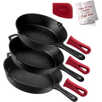 Cuisinel Cast Iron Skillet Set - 8 + 10 + 12-Inch Pre-Seasoned Frying Pans + Silicone Handle Grip Covers - Indooroutdoor, Oven, Grill, Stove, Bbq, Fire, Induction Safe Kitchen And Camping Cookware