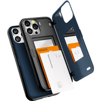 Goospery Magnetic Door Bumper Compatible With Iphone 13 Pro Max Case, Card Holder Wallet Case, Easy Magnet Auto Closing Protective Dual Layer Sturdy Phone Back Cover - Midnight Blue