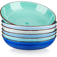 Vancasso Bonita Pasta Bowls Set Of 6, 38 Oz Shallow Bowls, Ceramic Pasta Plates And Salad Bowls, Microwave & Dishwasher Safe Serving Bowls, Blue