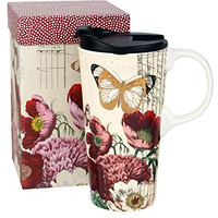 Topadorn 17 Oz Ceramic Mug Travel Cup With Handle And Gift Box Red Flower And Butterfly