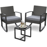 Qsun 3 Pieces Patio Furniture Set Rocking Bistro Set Outdoor Rattan Conversation With Coffee Table For Garden Balcony Backyard Poolside (Grey Cushion)