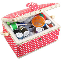 Basic Sewing Kit With Complete Sewing Kit Accessories Included Wooden Beginners Sewing Kits With Removable Tray And Tomato Pincushion For Sewing Mending - Red