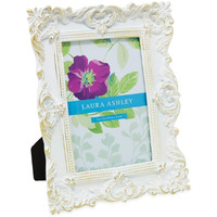 Laura Ashley 4X6 White & Gold Ornate Textured Hand-Crafted Resin Picture Frame Weasel & Hook For Tabletop & Wall Display, Decorative Floral Design Home Dacor, Photo Gallery, Art (4X6, Whitegold)