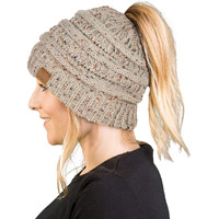 Funky Junque Women 's Messy Bun Beanie Ponytail Winter Hat, Confetti Oatmeal