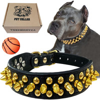 Teemerryca Black Leather Dog Collar With Gold Spikes For Male Small Medium Large Pets, Pit Bulls/Bulldog, Keep Dog Safe From Grabbing By Huge Dogs, M(12""-15"")