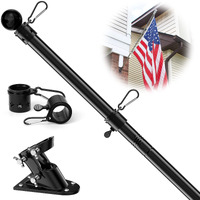 Flag Pole Kit For Outside House With Holder, 5Ft Outdoor Flag Poles For 3X5 Flags, Heavy Duty Black Flagpole For Boat, Rv, Truck Hitch, 1 Inch Diameter, Tangle Free Rings