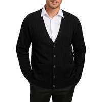 Kallspin Men's Cardigan Sweater Cashmere Wool Blend Cable Knit V Neck Buttons Cardigan With Pockets(Black, Large)