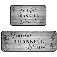 Grateful Thankful Blessed Kitchen Rugs Set Of 2 Grey Non-Slip Kitchen Rug And Mat Cushioned Comfort Kitchen Standing Rug For Kitchen Floor Farmhouse Thanksgiving Decor 17""X47""+17""X30""