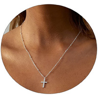 Viromy Dainty Silver Cross Necklace For Women 14K Gold Plated Delicate Beaded Chain Cross Pendant Minimalist Faith Cross Necklaces Everyday Jewelry For Women