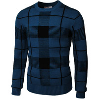 H2H Mens Casual Slim Fit Pullover Knit Sweaters Crew Neck Long Sleeve Plaid Check Patterned Blue Us L/Asia Xl (Cmoswl086)