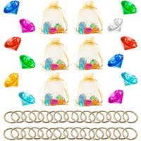 Pantide 78Pcs Acrylic Diamond Gems Jewels Alloy Gold Round Ring Set The Blue Hedgehog Chaos Emeralds Power Rings Party Favor Supplies Cake Decoration Pirate Treasure Chest Hunt With Bag