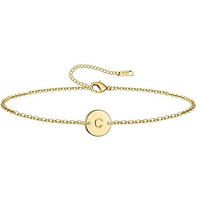 Ovian Initial Charm Bracelet For Women 18K Gold Plated Stainless Steel Coin Disc Engraved Letter C Bracelet Personalized Monogram Name Bracelet For Girls