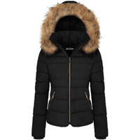 Bodilove Women's Fur Hooded Utility Jacket With Zipper And Fannel Lining Black M