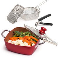 Moss & Stone Copper 5 Piece Set Chef Cookware, Non Stick Pan, Deep Square Pan, Fry Basket, Steamer Tray, Dishwasher & Oven Safe, 5 Quart Copper Pot Set, Red Induction Cookware Set