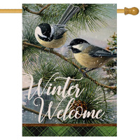 Covido Home Decorative Winter Welcome Chickadee Birds House Flag, Garden Yard Tree Branches Pinecone Buffalo Plaid Check Outside Decorations, Christmas Farmhouse Outdoor Large Decor Double Sided 28X40