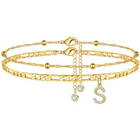 Ursteel Ankle Bracelets For Women, S Initial Anklet 14K Gold Plated Dainty Adjustable Layered Initial Anklets Set Beaded Chain Figaro Chain With Letter S Anklets With Initials For Women Jewelry Gifts