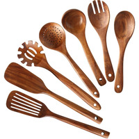 Wooden Kitchen Utensils Set,Nayahose Wooden Spoons For Cooking Natural Teak Wood Kitchen Spatula Set For Cooking Including Spoon Ladle Fork 7 Pack