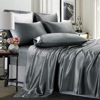 Treely 6 Piece Satin Sheets California King Size Silky Smooth Grey Sheet Set With Deep Pocket, Fitted Sheet, Flat Sheet, 4 Pillowcases