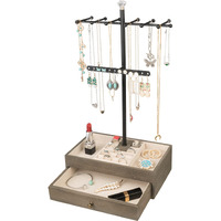 Meangood Jewelry Organizer Stand, 3-Tier Necklace Holder Jewelry Tree With Wooden Storage Drawer Box For Necklace Bracelet Earring Ring, Carbonized Black