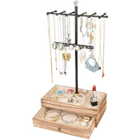 Meangood Jewelry Organizer Stand, 3-Tier Necklace Holder Jewelry Tree With Wooden Storage Drawer Box For Necklace Bracelet Earring Ring, Carbonized Black
