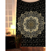 Raajsee Gold Mandala Tapestry Bedroom Aesthetic - Indie Wall Tapestry Hippie Room Decor - Boho Tapestrys -Trippy Small Tapestry Wall Hanging - Black Gold Wall Art 30X40 Inches