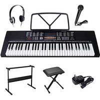 Saturnpower 61-Key Portable Electronic Keyboard Piano With Built In Speakers, Headphones, Microphone, Dual Power Supply, Piano Stand, Music Sheet Stand And Stool For Beginner (Kid & Adult) Black
