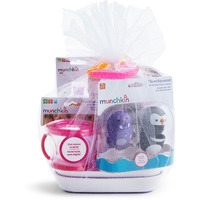 Munchkina 1St Birthday Gift Basket, Includes Sippy Cups, Plates, Feeding Utensils, Snack Catcher, Bath Toy And Teether, Pink