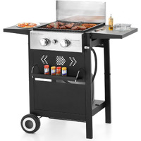 Sophia & William 2-Burner Gas Bbq Grill With Flat Top, Small Outdoor Propane Barbecue Grill With Side Shelves,Lid And Hose & Regulator For Camping, 20,000 Btu,Black