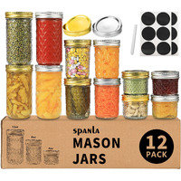 Mason Jars Canning Jars, 12 Pack Glass Jars Jelly Jars With Regular Lids, Ideal For Jam, Honey, Wedding Favors, Shower Favors, Baby Foods, Diy Magnetic Spice Jars - 4 Oz X 4, 8 Oz X 4, 12 Oz X 4