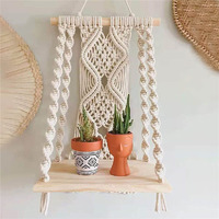 Macrame Wall Hanging Plant Decor Shelf Indoor Outdoor Floating Wood Shelve Decorative Hand Made Rope Boho Shelving For Plants