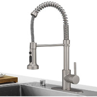 Hoimpro Brass Spring Kitchen Faucet With Pull Down Sprayer With Cover Plate, Rv Kitchen Sink Faucet With Cupc Hoses ,3 Function Single Handle Laundry Faucet, Brushed Nickel (1 Or 3 Hole)