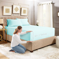 Empyrean Extra Deep Pocket Queen Fitted Sheet, 24 "" Deep Pocket Queen Sheet With Bonus 2 Pillowcases, 3 Pc Fitted Sheet Queen Size, Queen Sheets Deep Pocket With 4 Corner Elastic Strap, Light Blue