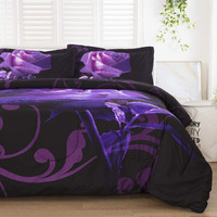 Wongs Bedding Purple Comforter Set Twin Reversible Purple Rose Pattern Printed Bedding Down Comforter With 1 Pillowcases For All Seasons, Soft Microfiber Filling Bedding Set 90 ""X68 ""